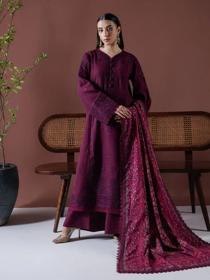 BrandsInn-3PC DHANAK EMBROIDERED SHIRT WITH COURTRAI PRINTED SHAWL & TOUSER-BI-4219