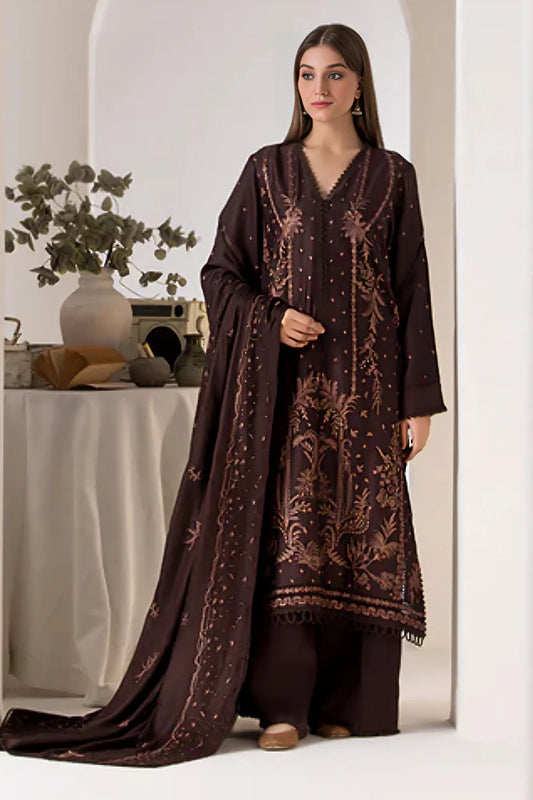 BrandsInn - 3PC DHANAK EMBROIDERED SHIRT WITH DHANAK EMBROIDERED SHAWL AND TROUSER-BIC-4012