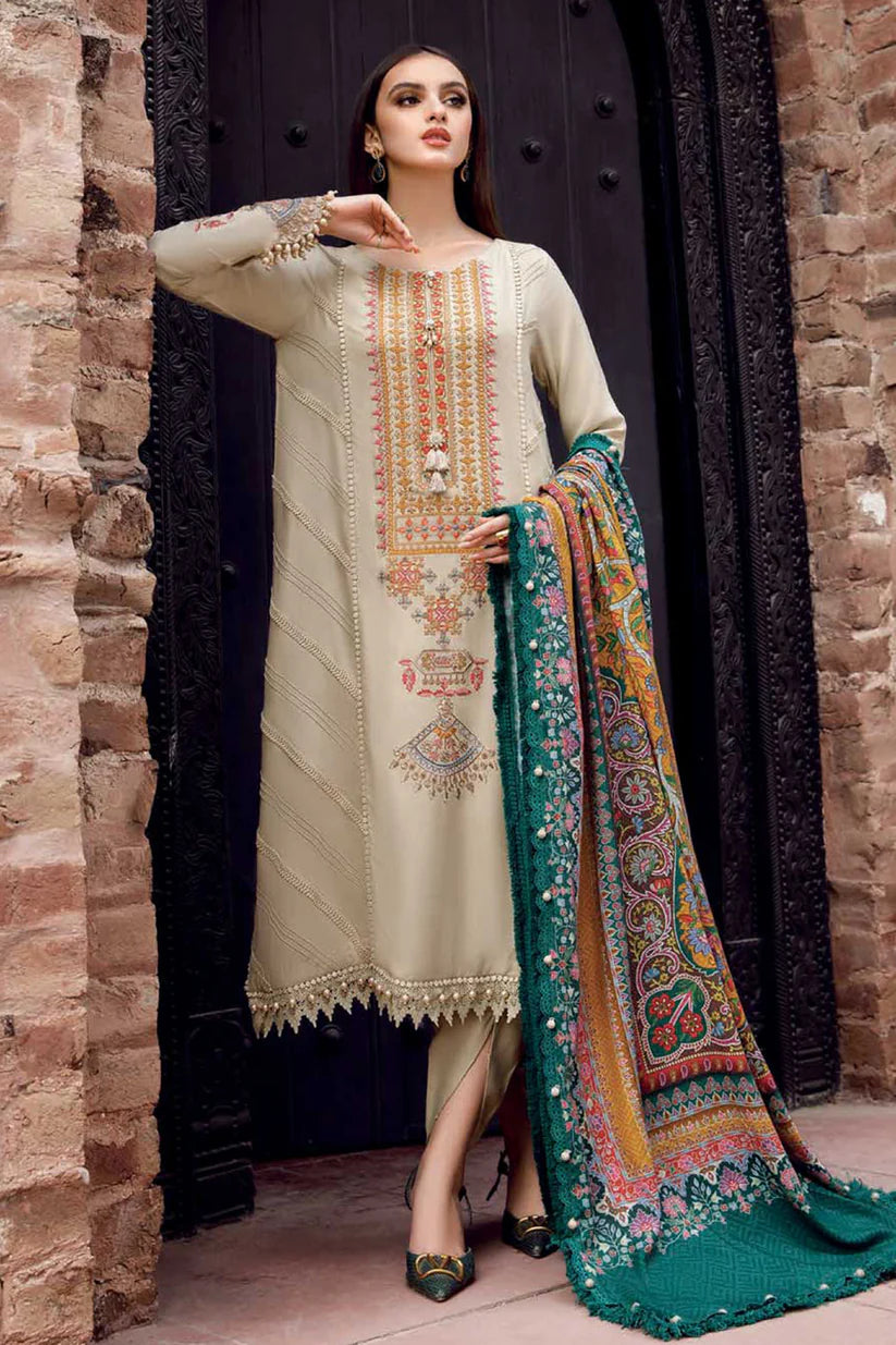 BrandsInn-3PC DHANAK EMBROIDERED SHIRT WITH COUTRAI PRINTED SHAWL AND TROUSER-BI-4156