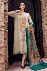 BrandsInn-3PC DHANAK EMBROIDERED SHIRT WITH COUTRAI PRINTED SHAWL AND TROUSER-BI-4156