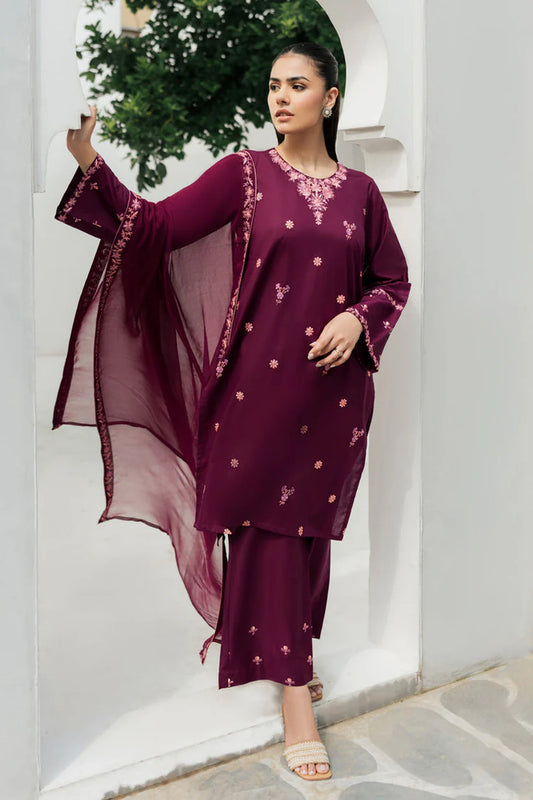 BrandsInn-3PC DHANAK EMBROIDERED SHIRT WITH CHIFFON EMBROIDRED DUPATTA AND TROUSER-BI-4097
