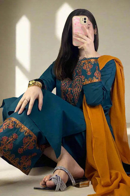 BRANDS INN-3PC DHANAK EMBROIDRED SHIRT WITH WOOL SHAWL AND TROUSER-BI-4072