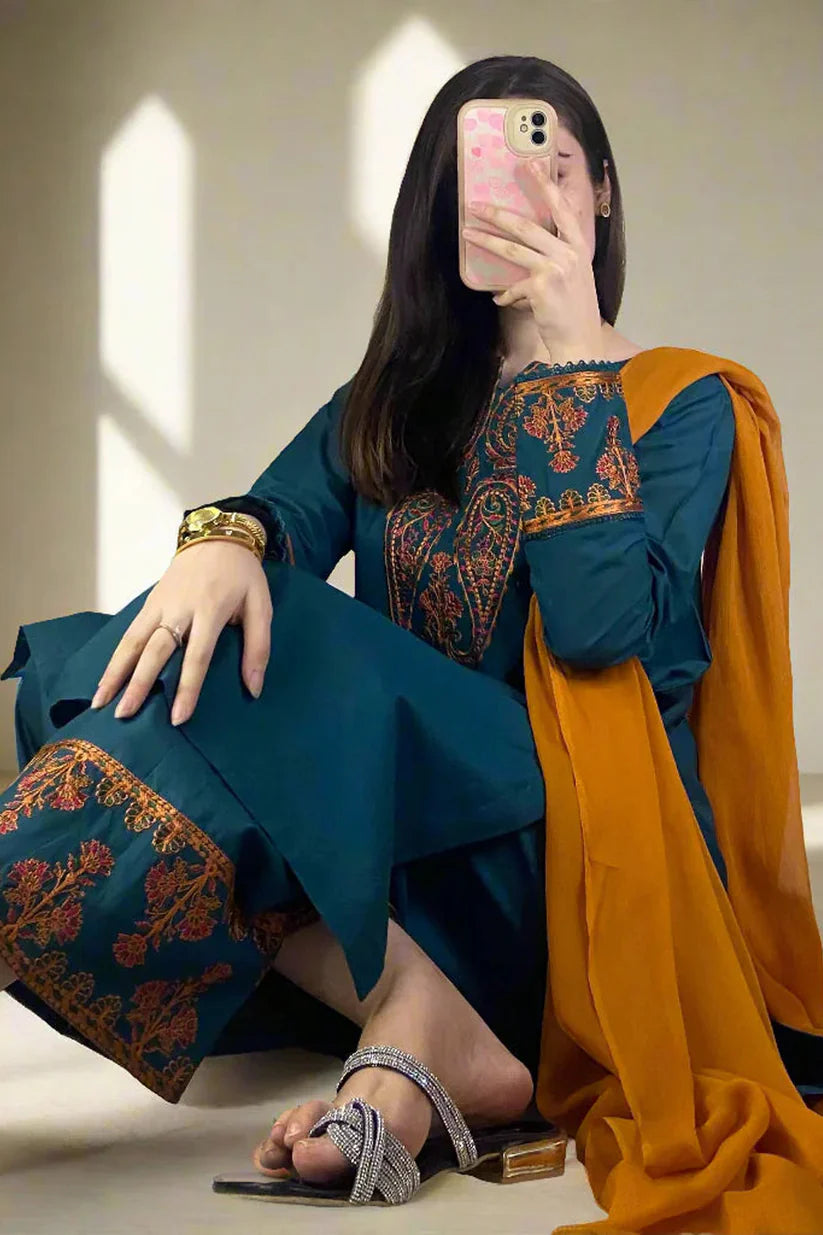 BRANDS INN-3PC DHANAK EMBROIDRED SHIRT WITH WOOL SHAWL AND TROUSER-BI-4072