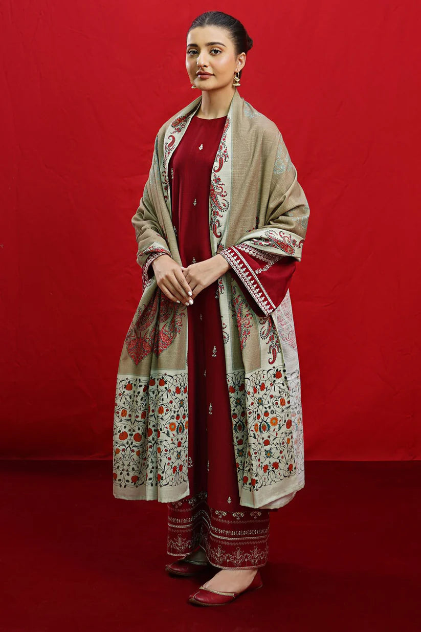 BrandsInn-3PC DHANAK EMBROIDERED SHIRT WITH COUTURE PRINTED SHAWL & EMB TROUSER-BI-4110