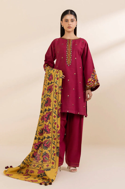 BrandsInn- 3PC KHADAR EMBROIDERED SHIRT WITH WOOL PRINT SHAWL AND TROUSER--BIC-4021