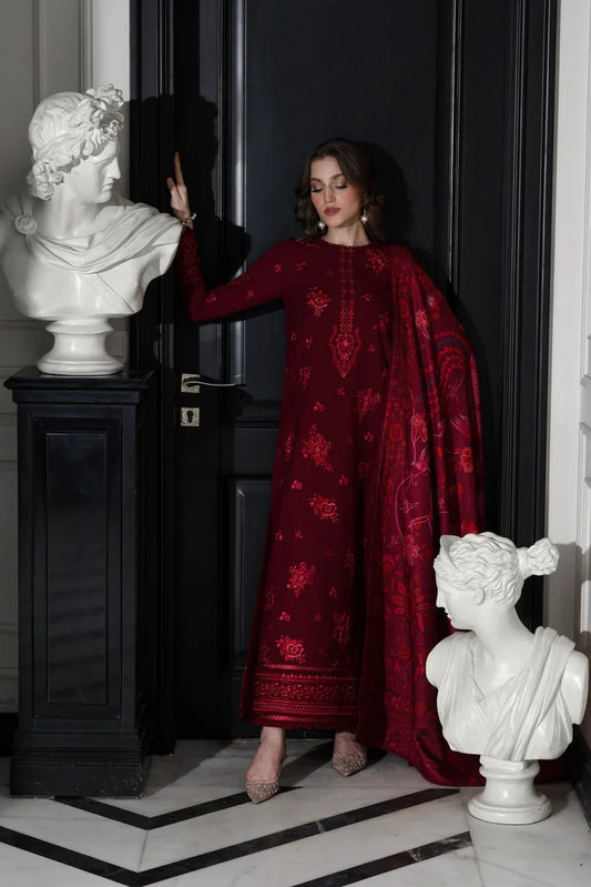 BrandsInn-3PC DHANAK EMBROIDERED SHIRT WITH COURTRAI PRINTED SHAWL & TROUSER-BI-