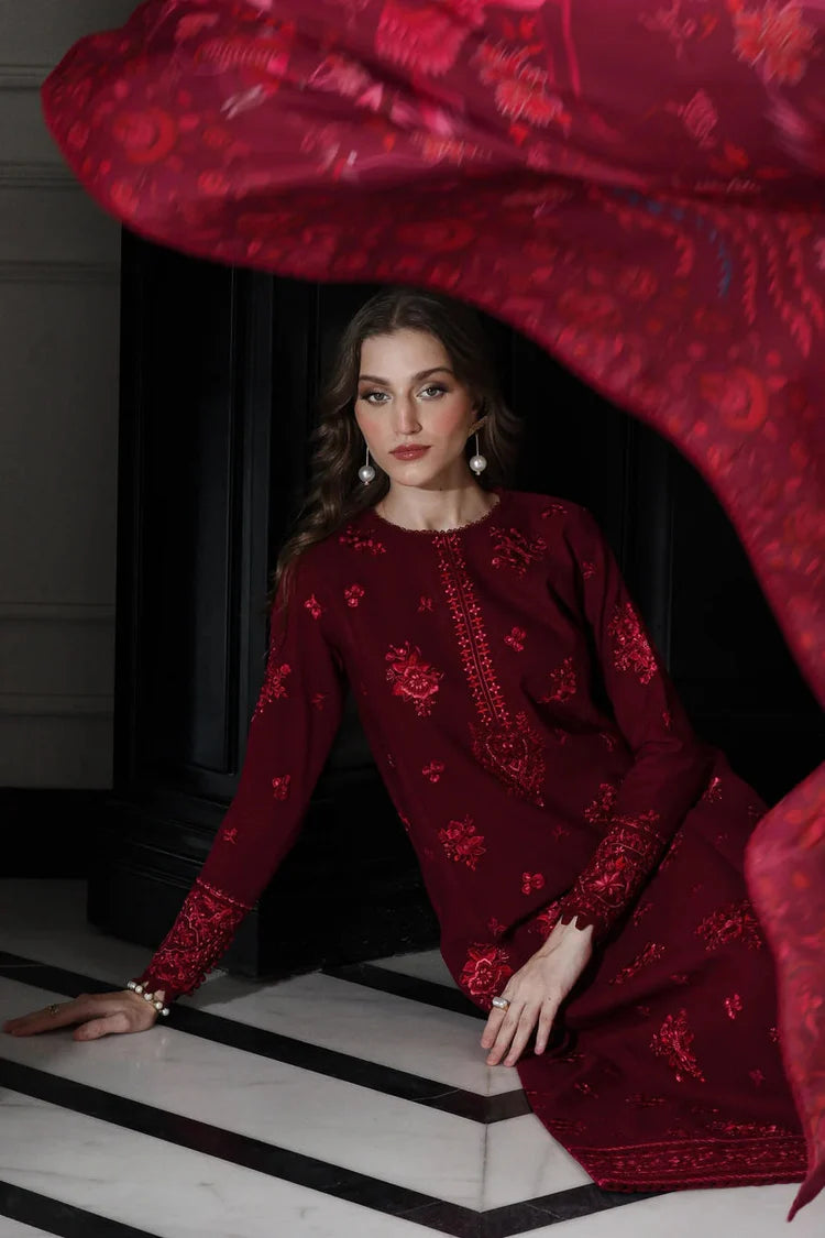 BrandsInn-3PC DHANAK EMBROIDERED SHIRT WITH COURTRAI PRINTED SHAWL & TROUSER-BI-