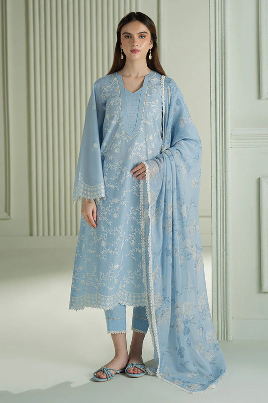 BrandsInn-3PC DHANAK EMBROIDERED SHIRT WITH COUTRAI PRINTED SHAWL AND TROUSER-BI-4158