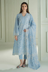 BrandsInn-3PC DHANAK EMBROIDERED SHIRT WITH COUTRAI PRINTED SHAWL AND TROUSER-BI-4158