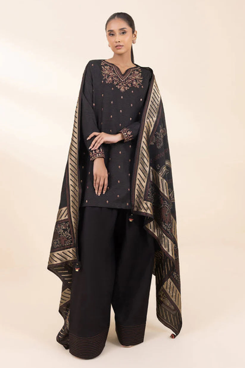 BrandsInn- 3PC DHANAK EMBROIDERED SHIRT WITH WOOL PRINT SHAWL AND TROUSER-BI-4111