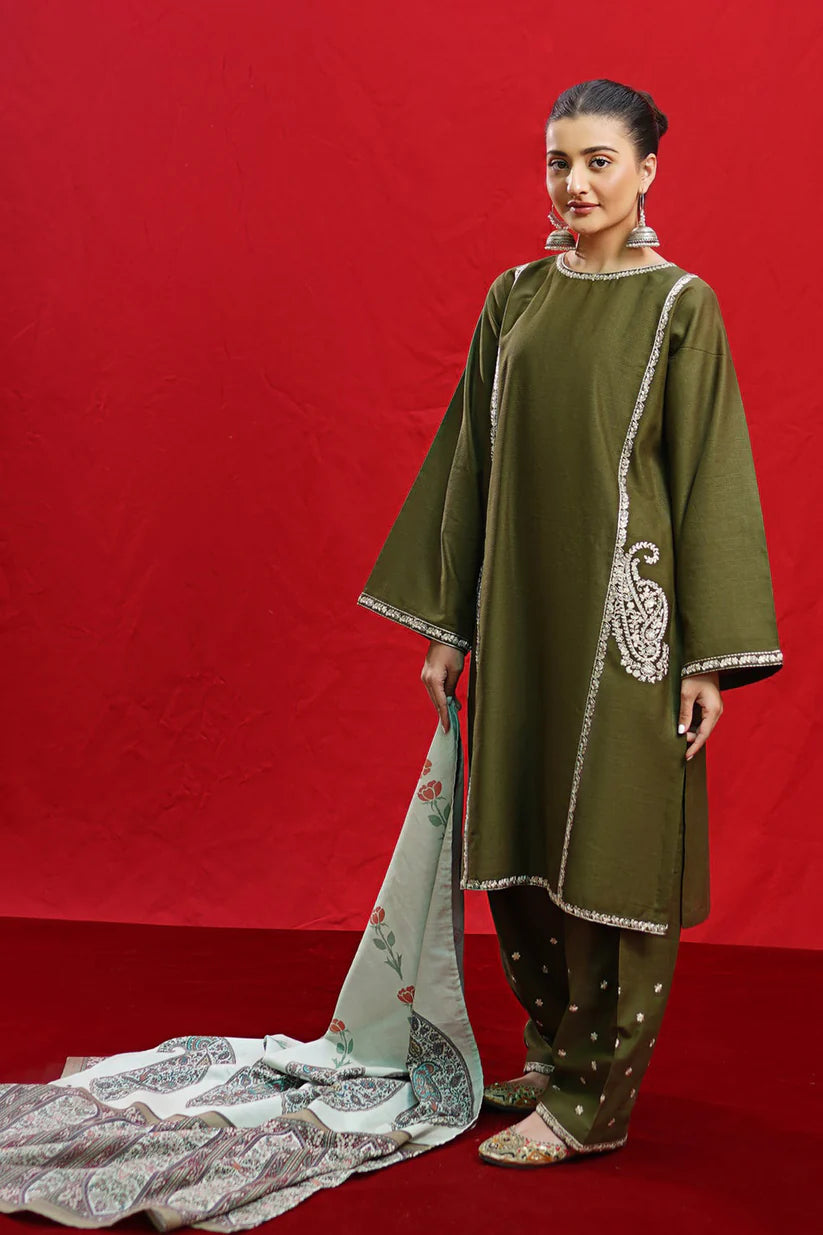 BrandsInn- 3PC Dhanak Embroidered Shirt With Twil Print Wool Shawl & Trouser-BI-4082