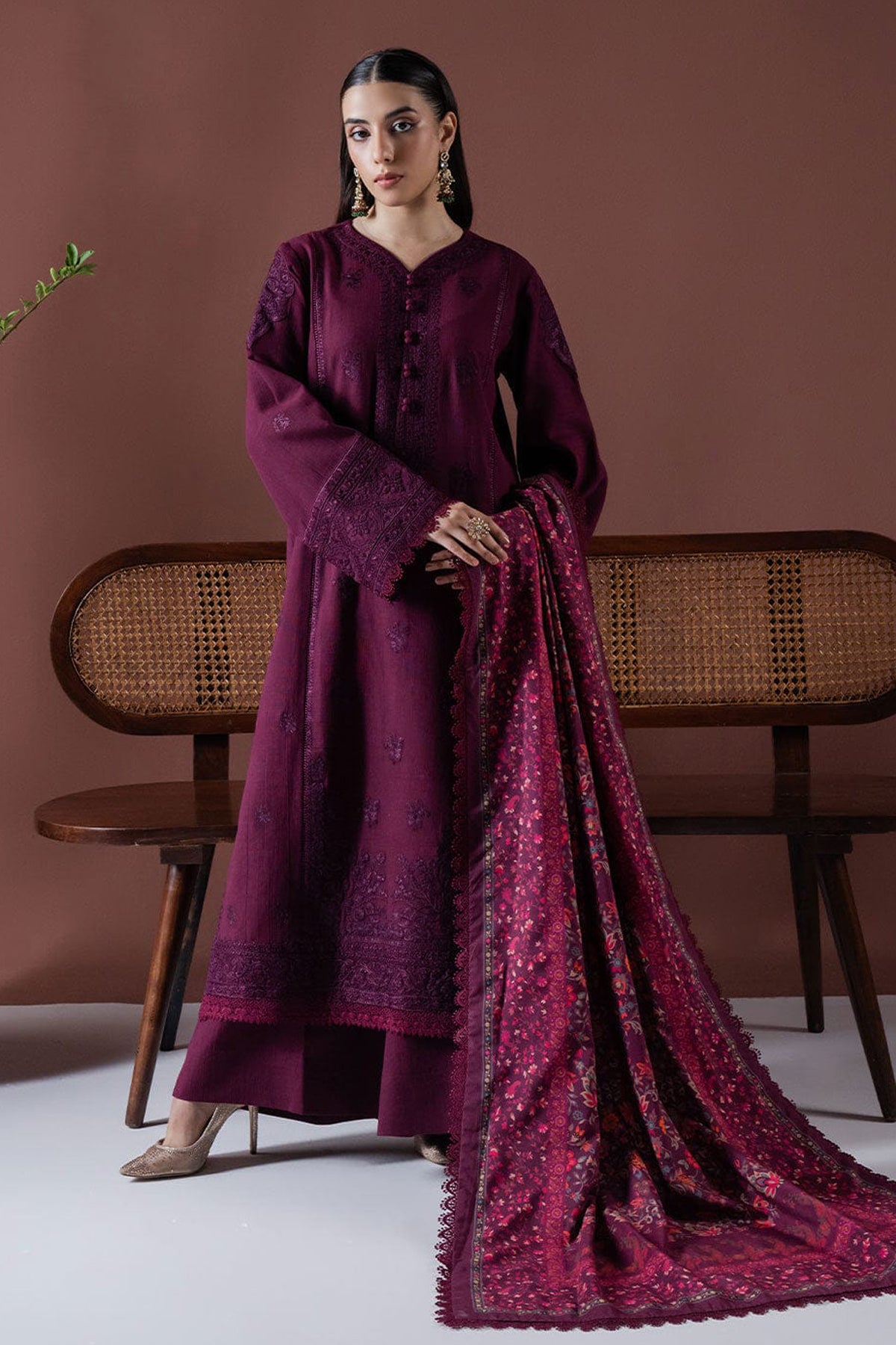 BrandsInn-3PC DHANAK EMBROIDERED SHIRT WITH COURTRAI PRINTED SHAWL & TOUSER-BI-4219