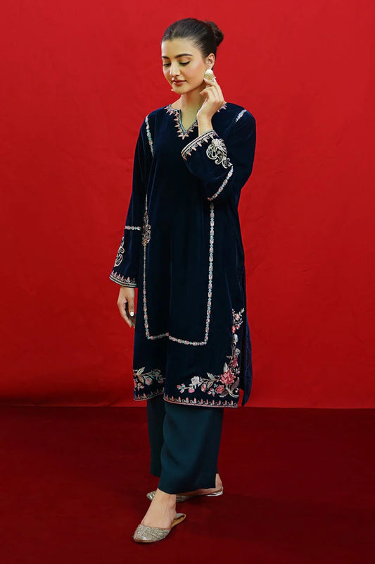 BrandsInn-2PC Velvet Heavy Embroidered Shirt With Velvet Embroidered Sleeves-BI-4046