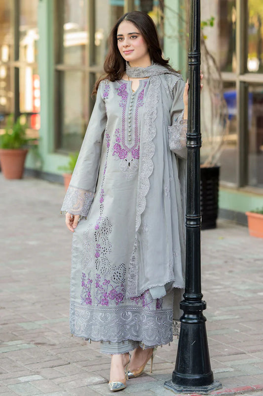 BrandsInn-3PC DHANAK EMBROIDERED SHIRT WITH CHIFFON EMBROIDERED DUPATTA AND TROUSER-BI-4137