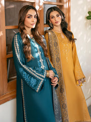 BrandsInn-3PC DHANAK EMBROIDERED SHIRT WITH COURTRAI PRINTED SHAWL & TROUSER-BI-4372