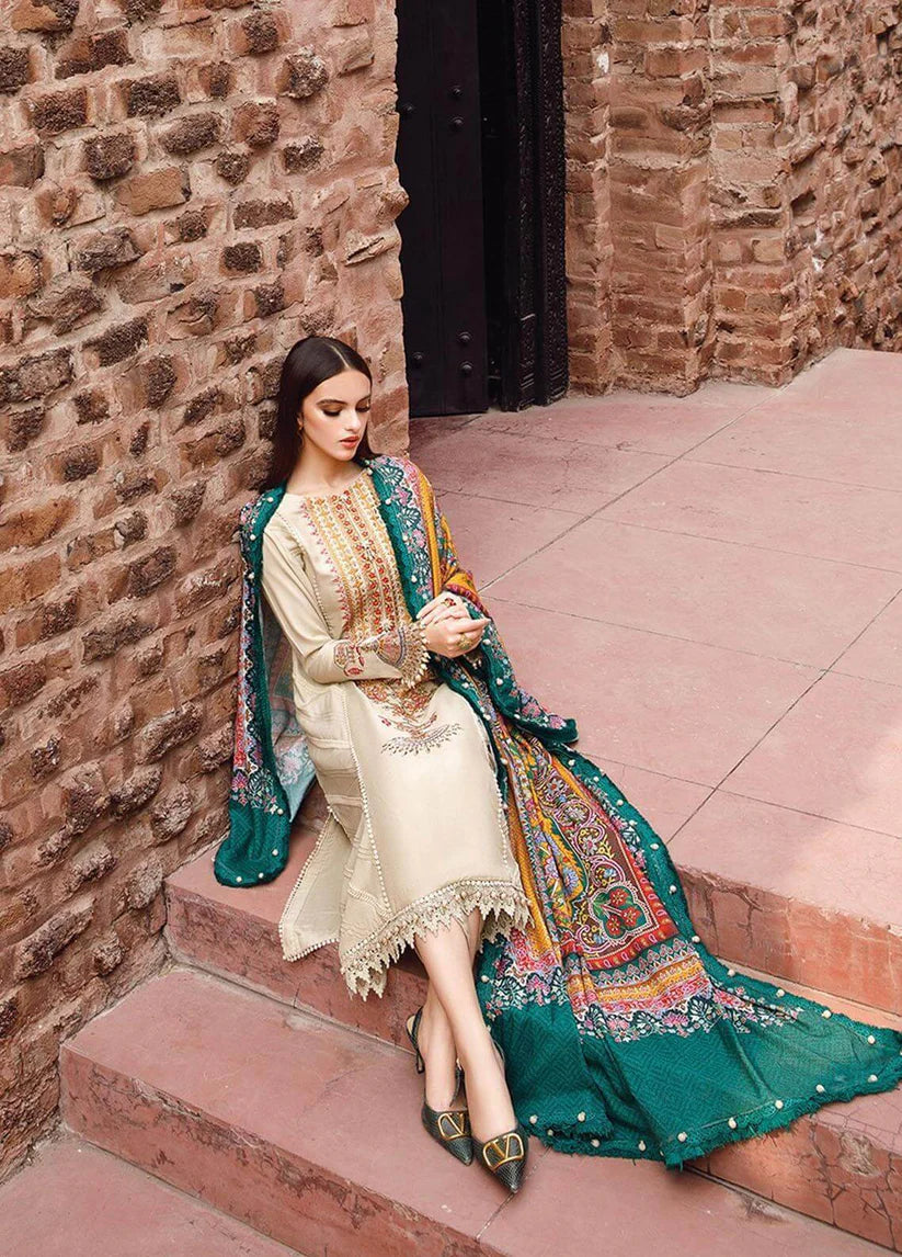 BrandsInn-3PC DHANAK EMBROIDERED SHIRT WITH COUTRAI PRINTED SHAWL AND TROUSER-BI-4156