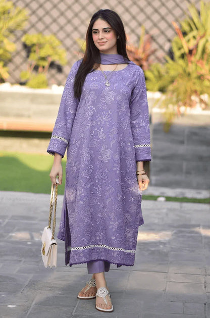 BrandsInn-3PC DHANAK EMBROIDERED SHIRT WITH CHIFFON EMBROIDERED DUPATTA AND TROUSER-BI-4131