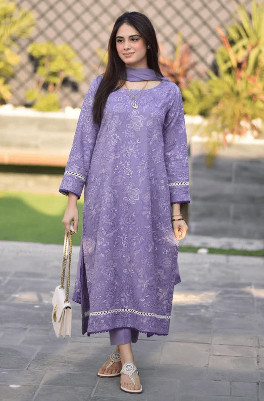 BrandsInn-3PC DHANAK EMBROIDERED SHIRT WITH CHIFFON EMBROIDERED DUPATTA AND TROUSER-BI-4131