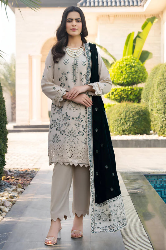 BRANDSINN-3PC DHANAK EMBROIDERED SHIRT WITH VELVET EMBROIDERED READY TO WEAR SHAWL-BI-4039