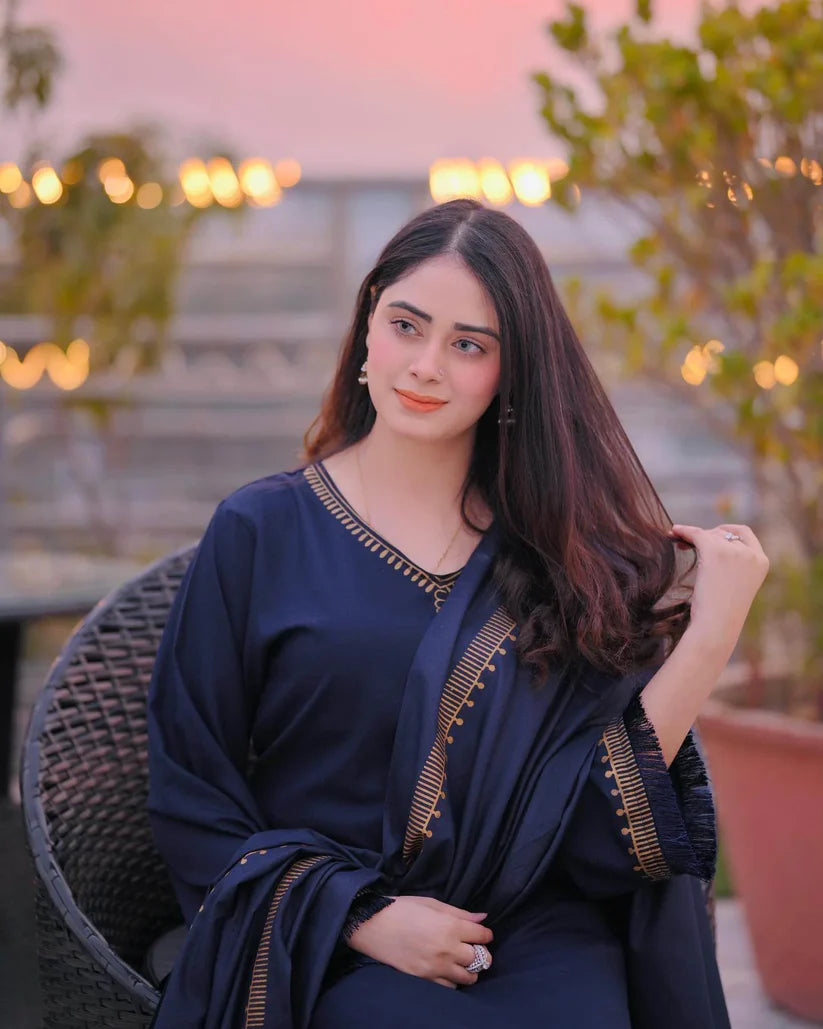 BrandsInn-3PC DHANAK EMBROIDERED SHIRT WITH COUTRAI PRINTED SHAWL AND TROUSER-BI-4084