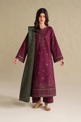 BrandsInn-3PC DHANAK EMBROIDERED SHIRT WITH DHANAK EMBROIDERED SHAWL AND TROUSER-BI-5145