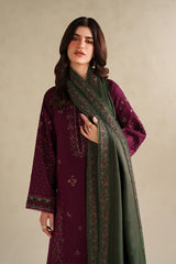 BrandsInn-3PC DHANAK EMBROIDERED SHIRT WITH DHANAK EMBROIDERED SHAWL AND TROUSER-BI-5145