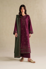 BrandsInn-3PC DHANAK EMBROIDERED SHIRT WITH DHANAK EMBROIDERED SHAWL AND TROUSER-BI-5145