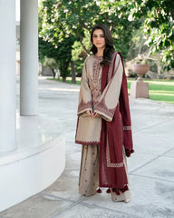 BAROQUE-3PC KHADDAR EMBROIDERED SHIRT WITH KHADDAR EMBROIDERED SHAWL AND EMB TROUSER-BI-4320