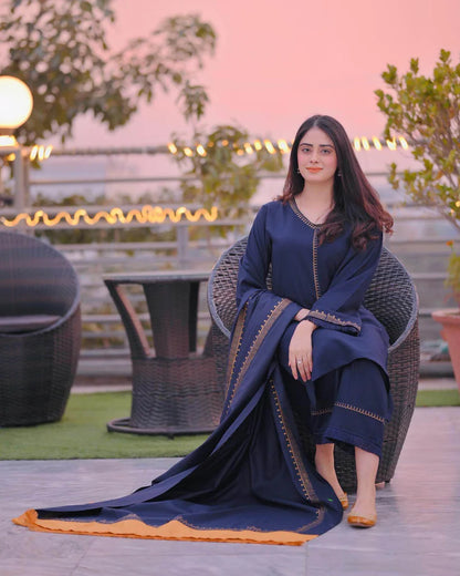 BrandsInn-3PC DHANAK EMBROIDERED SHIRT WITH COUTRAI PRINTED SHAWL AND TROUSER-BI-4084