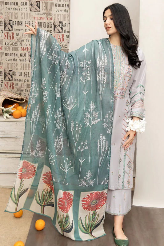 BrandsInn- 3PC DHANAK EMBROIDERED SHIRT WITH WOOL PRINTED SHAWL & EMB TROUSER-BI-4089