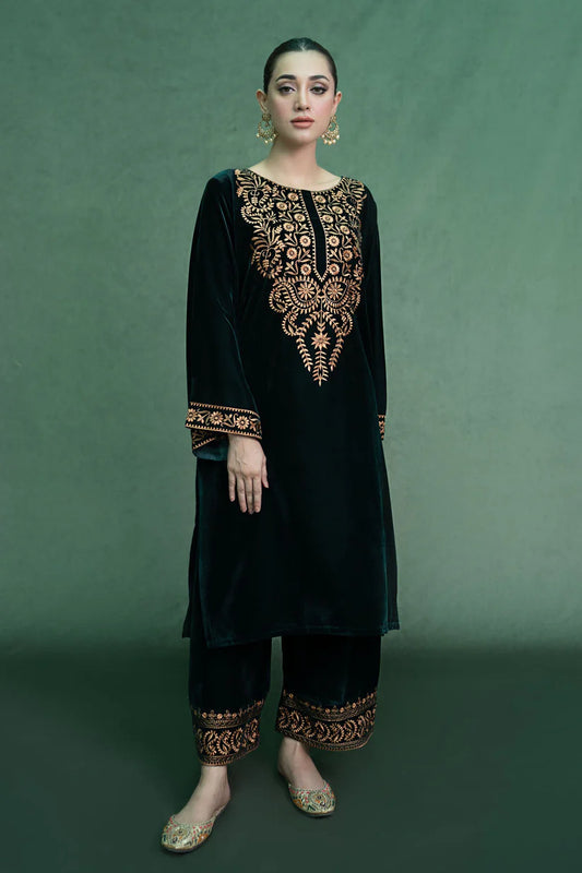BRANDSINN - 2PC Velvet Heavy Embroidered Shirt With Velvet Heavy Embroidered Trouser -BI-4037