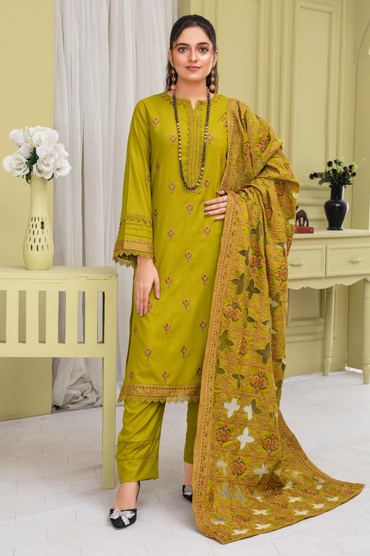BRANDSINN-3PC DHANAK EMBROIDERED SHIRT WITH DHANAK CUTWORK EMBROIDERED SHAWL AND TROUSER-BI-4063