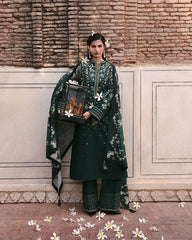 BrandsInn-3PC DHANAK EMBROIDERED SHIRT WITH COUTRAI PRINTED SHAWL AND EMB TROUSER-BI-5273