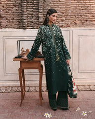 BrandsInn-3PC DHANAK EMBROIDERED SHIRT WITH COUTRAI PRINTED SHAWL AND EMB TROUSER-BI-5273