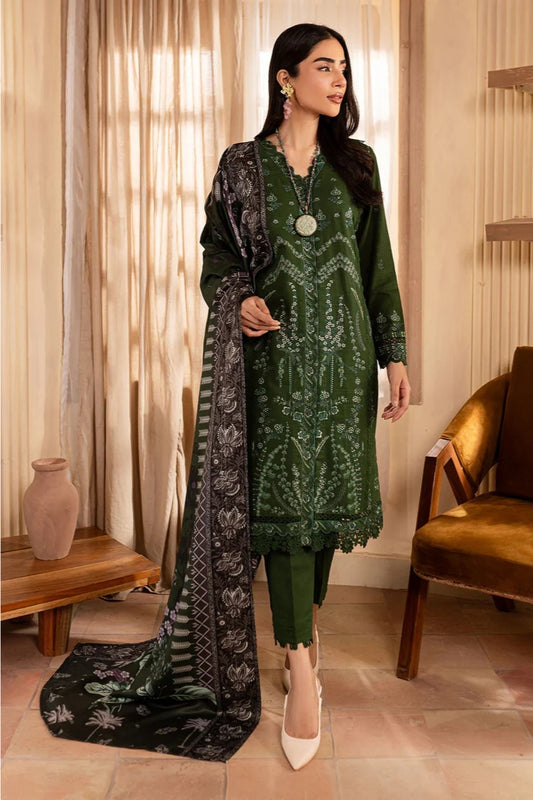 BrandsInn-3PC DHANAK EMBROIDERED SHIRT WITH COURTRAI PRINTED SHAWL & TROUSER-BI-4324