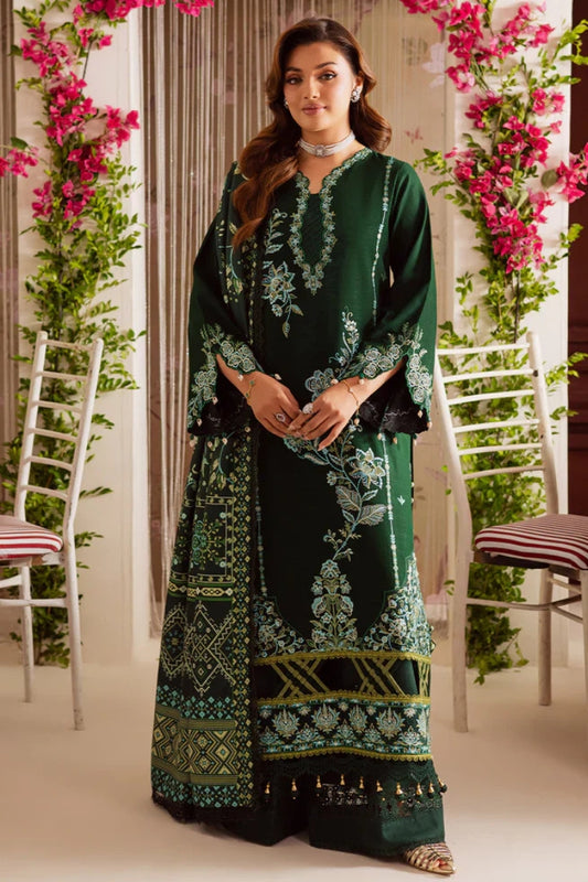 BrandsInn-3PC DHANAK EMBROIDERED SHIRT WITH COURTRAI PRINTED SHAWL & TROUSER-BI-4327