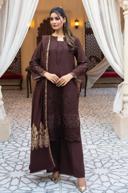 BrandsInn-3PC LAWN CHIKENKARI EMBROIDERED SHIRT WITH LAWN JACQUARD PRINT DUPATTA-BI-330