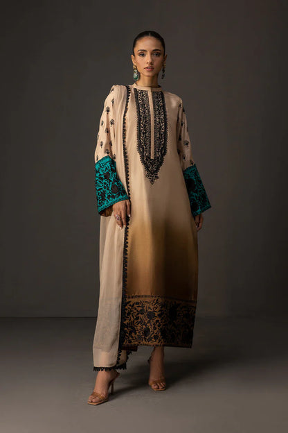 BrandsInn-3PC SHAMOZ SILK PRINT EMBROIDERED SHIRT WITH SOFT SILK PRINT DUPATTA & SILK TROUSER-BI-4165