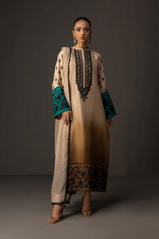 BrandsInn-3PC SHAMOZ SILK PRINT EMBROIDERED SHIRT WITH SOFT SILK PRINT DUPATTA & SILK TROUSER-BI-4165