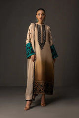 BrandsInn-3PC SHAMOZ SILK PRINT EMBROIDERED SHIRT WITH SOFT SILK PRINT DUPATTA & SILK TROUSER-BI-4194